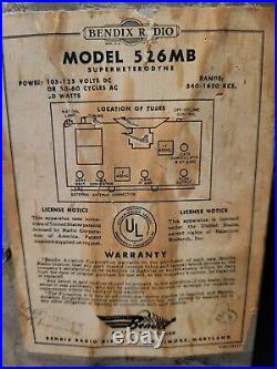 Vintage Model 526B Bendix Radio for Repair or Parts