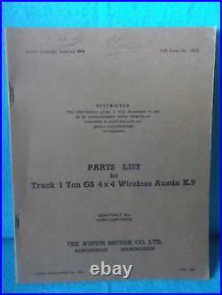 Vintage Rare Austin 1 Ton Truck GS 4x4 Wireless K. 9 Parts List (Restricted) 1958
