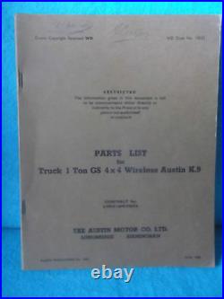 Vintage Rare Austin 1 Ton Truck GS 4x4 Wireless K. 9 Parts List (Restricted) 1958