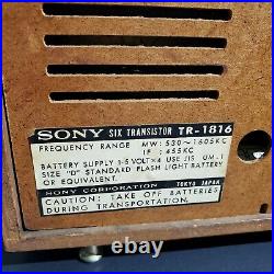 Vintage SONY SIX TRANSISTOR PORTABLE RADIO TR-1816 JAPAN- FOR PARTS SEE PICS